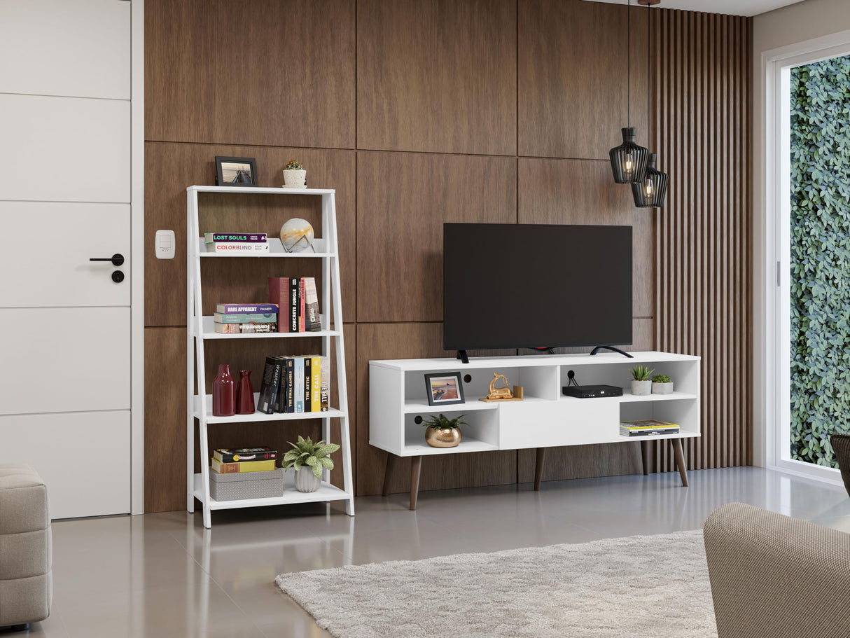 TV Stand with 1 Door and 4 Shelves + Ladder Shelf Standing Bookcase - White