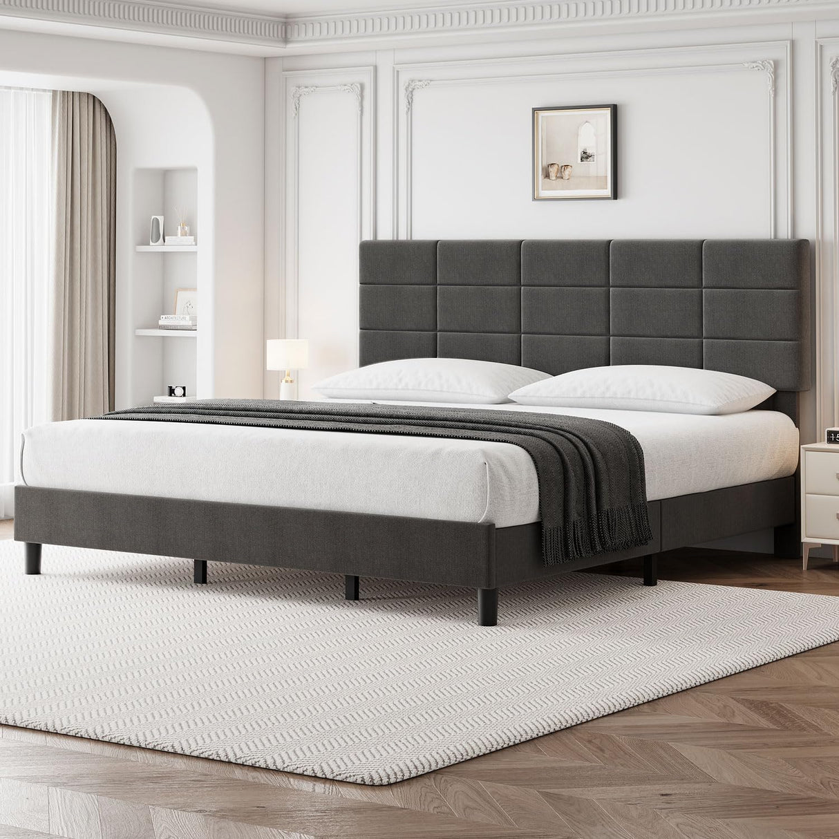 King Size Bed Frame with Headboard, Linen Upholstered King Bed Frame