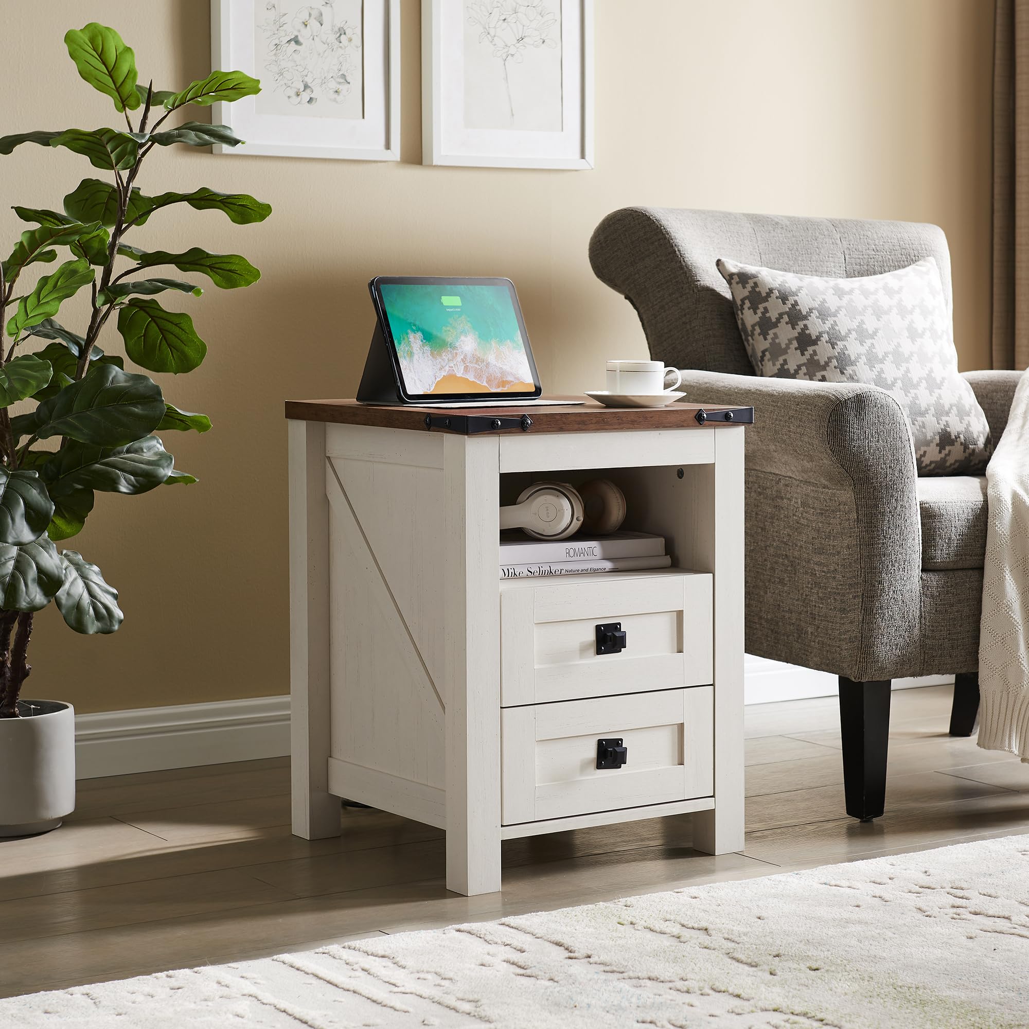 Farmhouse Nightstand with Charging Station, Rustic 18 Inch End Table with 2 Storage
