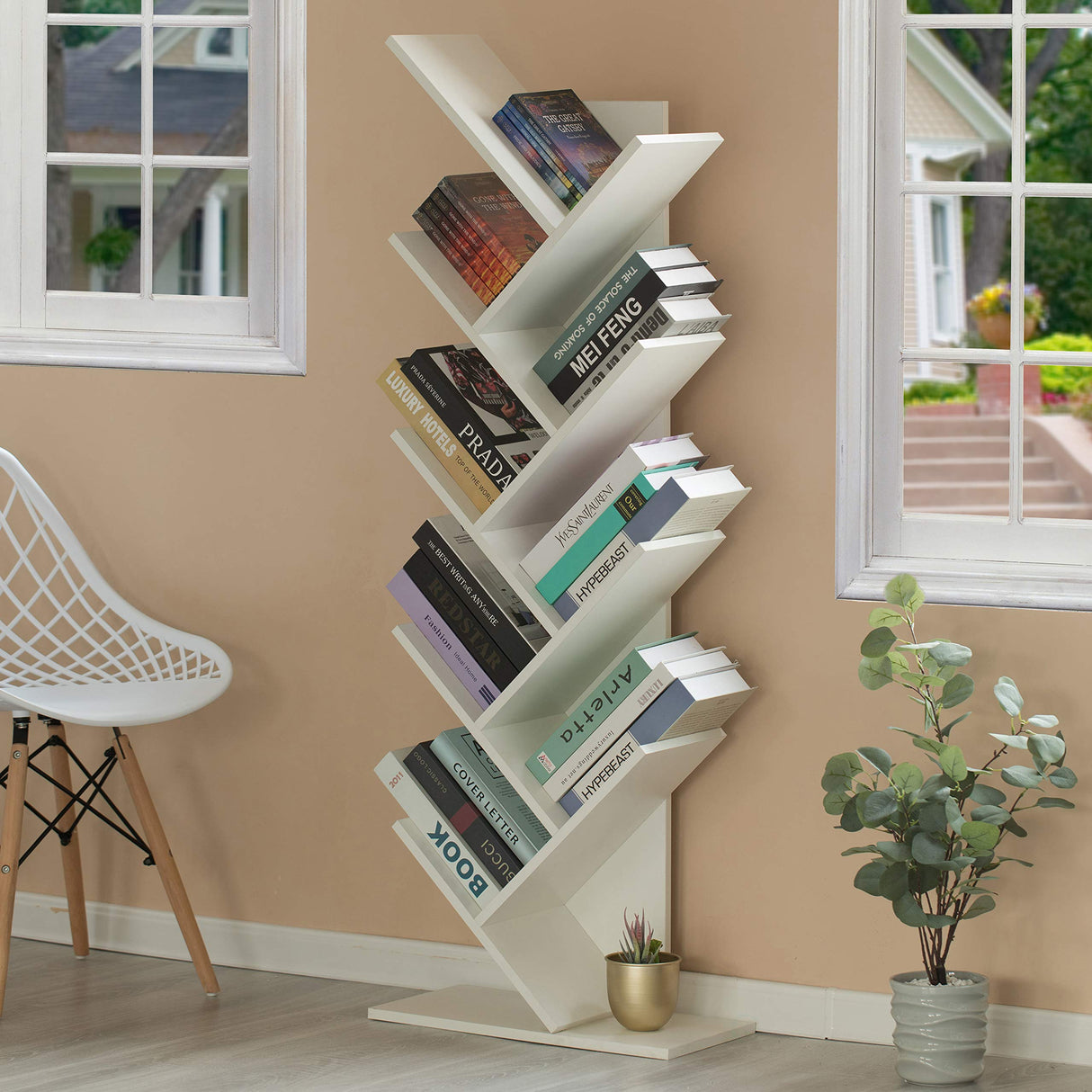 Wooden 9-Shelf Tree Magazine CD Storage Bookcase (White) (QI003457.WT)