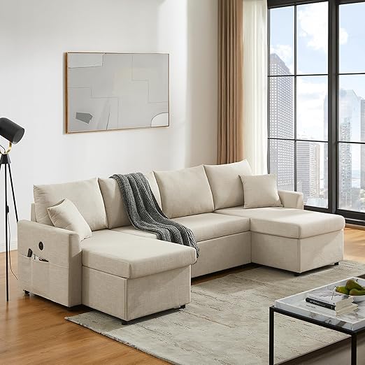 U Shaped Convertible Sleeper Sofa Bed, 108" Sectional Couch