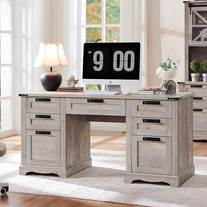 60" Farmhouse Executive Desk with Drawers, Wood Home Office Desk w/Charging Station