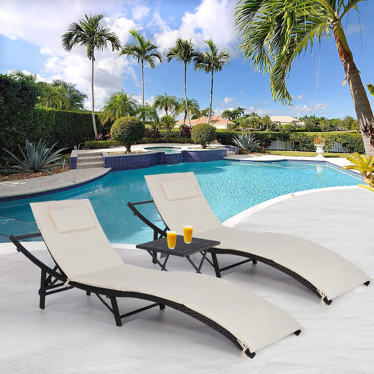 hairs Set of 2 Outdoor Wicker Lounge Chairs Portable Adjustable Chaise Lounge Folding