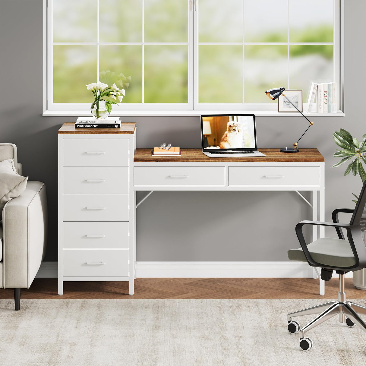 Computer Desk with Reversible Drawer, 55 inch Home Office Desks with 7 Drawers,