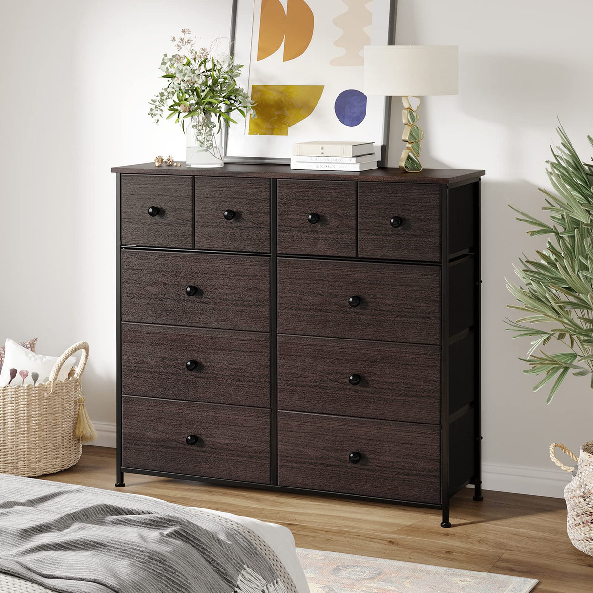 Bedroom with 10 Drawers, Wide Black Dresser with Wood Top