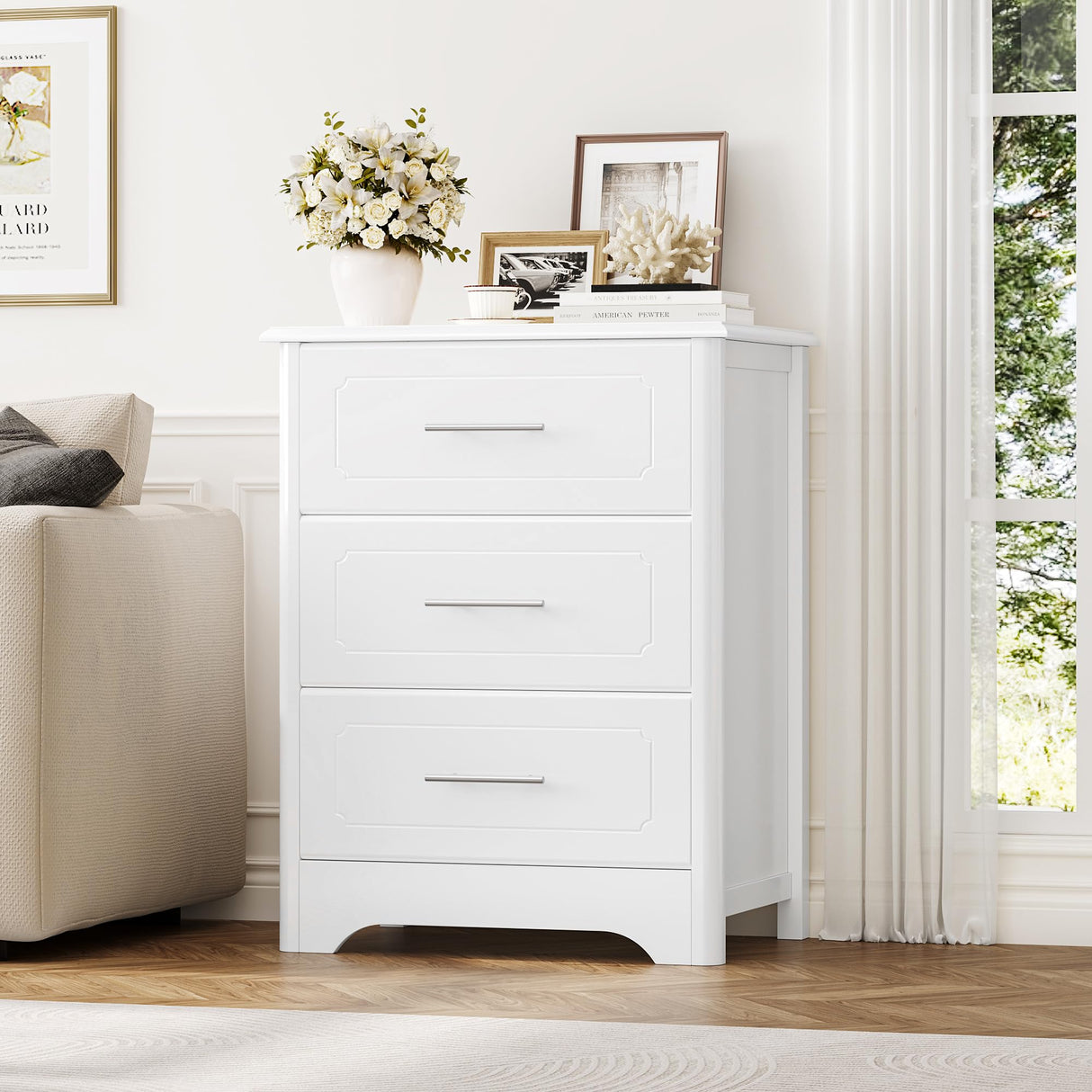Wide Modern White Dresser, Tall Nightstand