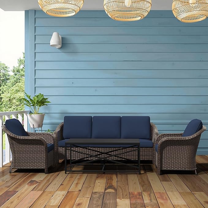 4 Pieces Outdoor Patio Conversation Furniture Set - Rattan Wicker Loveseat Sofa | 78" 3-Seat Couch | 2 Chairs | Metal Coffee Table, Washable Cushions, Garden, Deck, Terrace (Navy)