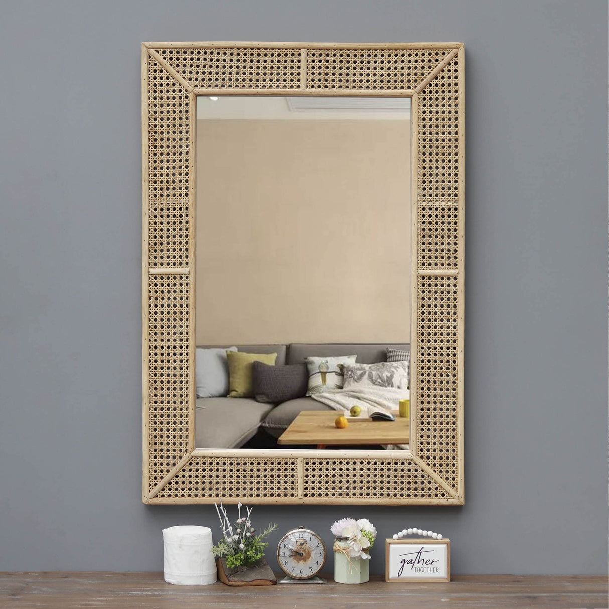 Wooden and Rattan Mirrors, Boho Rectangle Wall Mirror