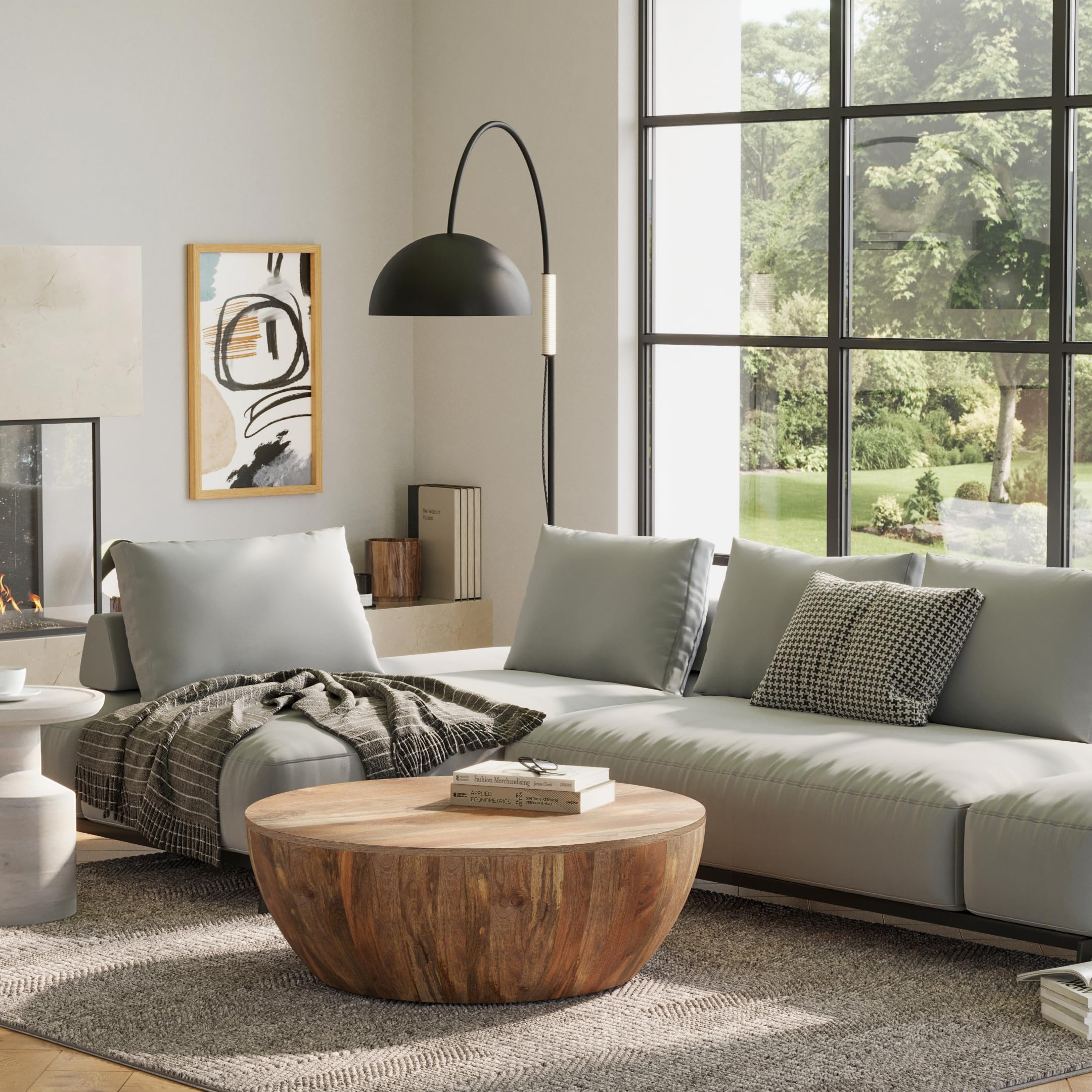 Elmbrook Solid Mango Wood Modern Industrial 34 Inch Wide Drum Coffee Table in Natural