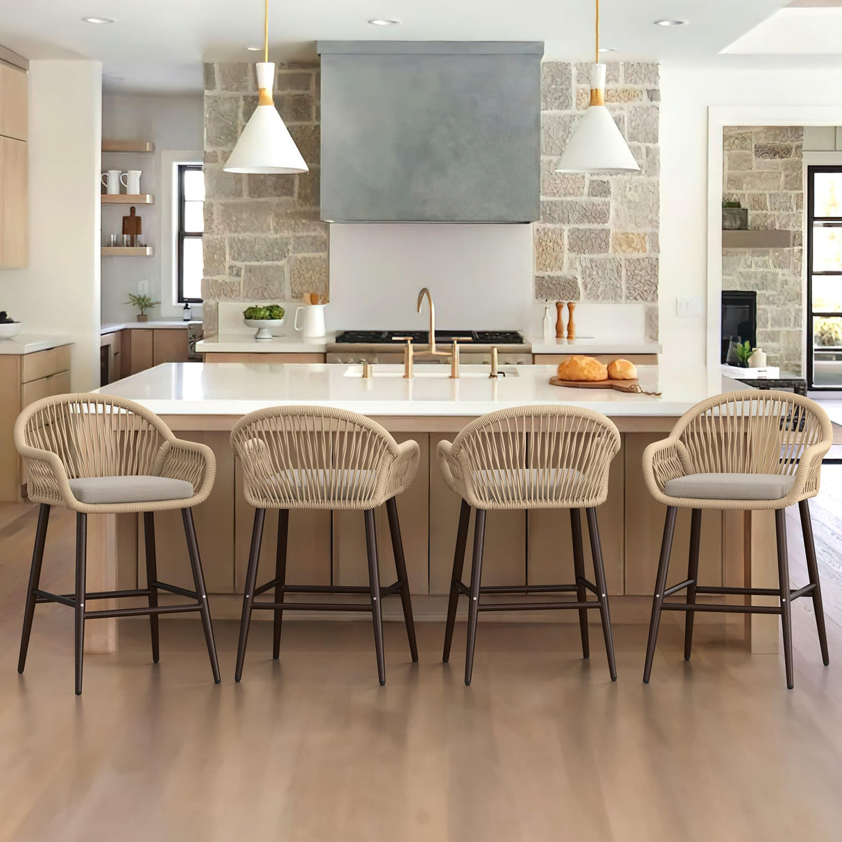 Outdoor Bar Stools Set of 4, 26.8" H Rattan Outdoor Counter Height Bar Stools