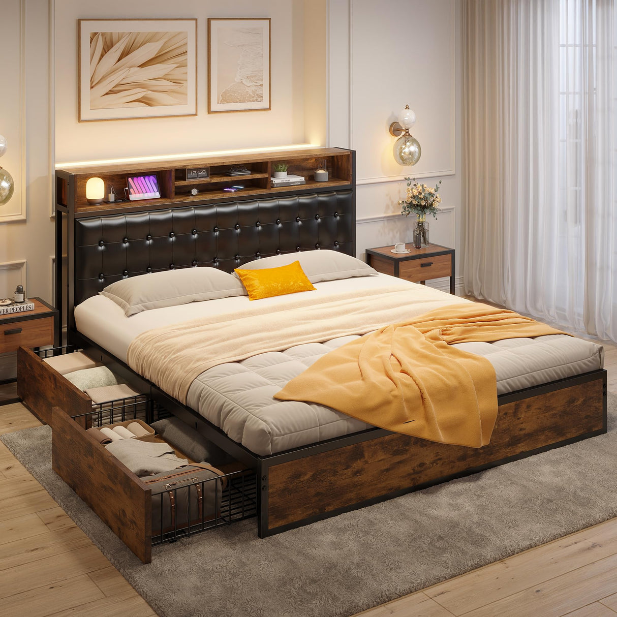 Queen Bed Frame with 4 Drawers Bed Frame Queen Size with Headboard