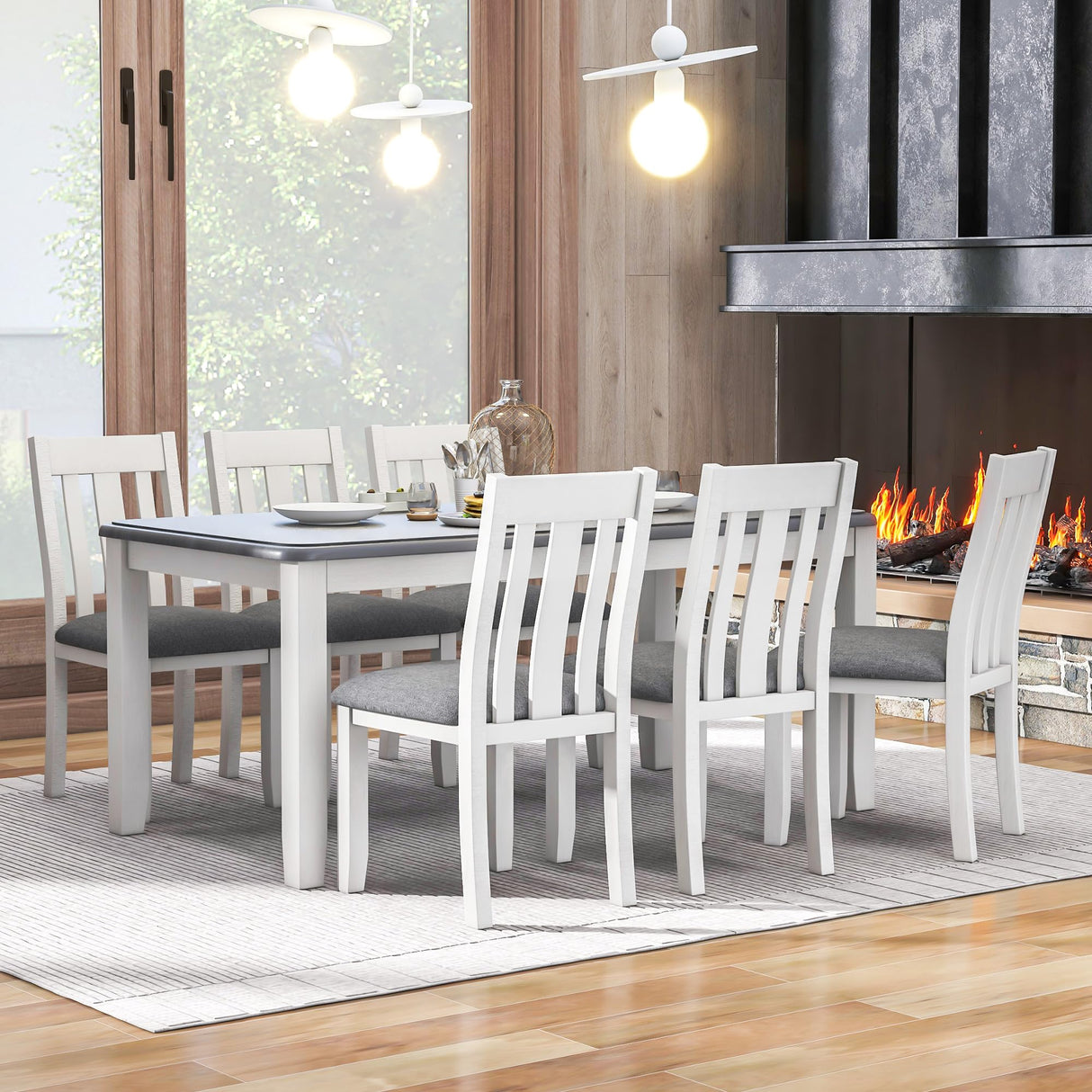 Piece Dining Table Set, Farmhouse Kitchen Table Set with 6 Upholstered Chairs, Extendable Kitchen