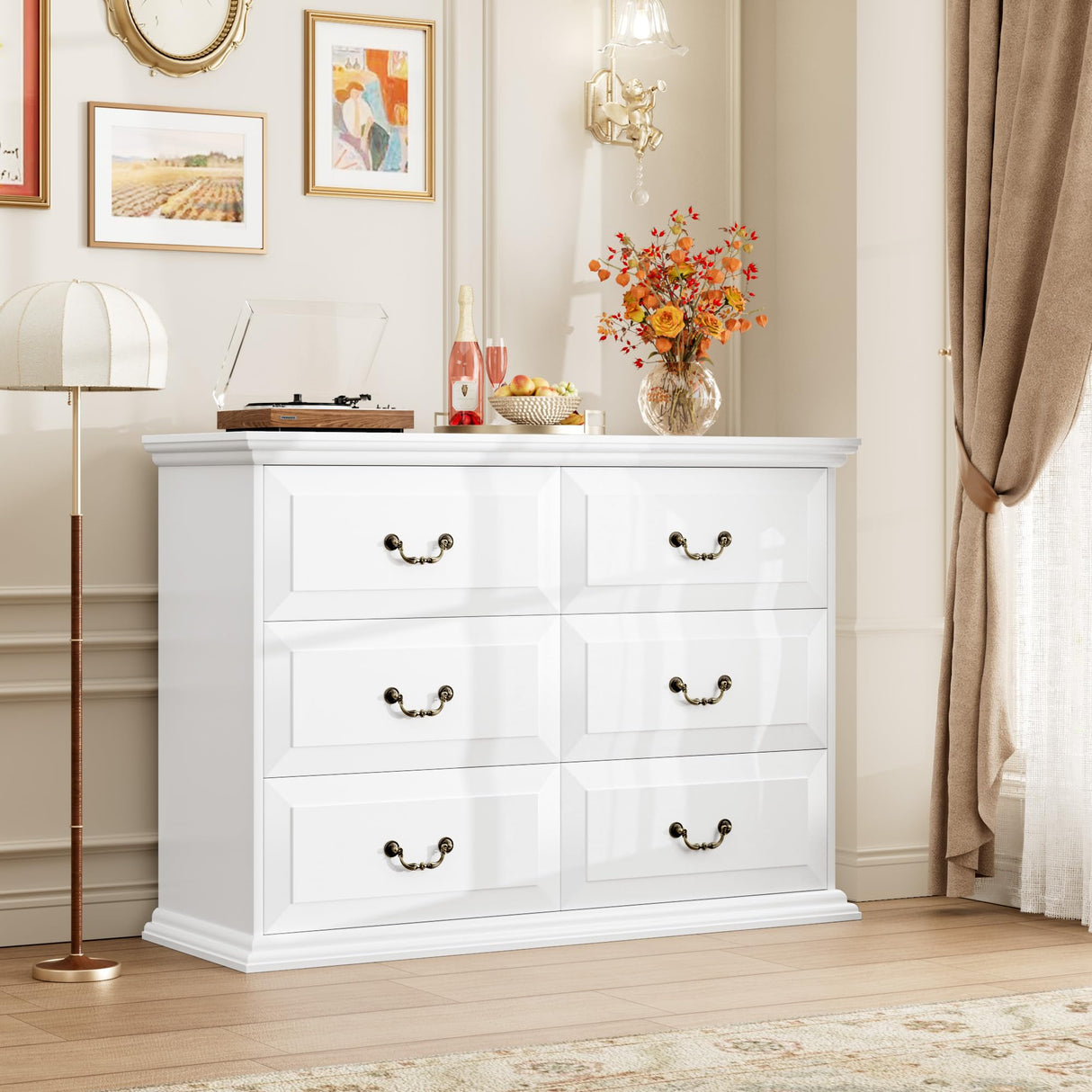 Dresser for Bedroom, White Dresser with 6 Drawers, Rustic 6 Drawer Dresser