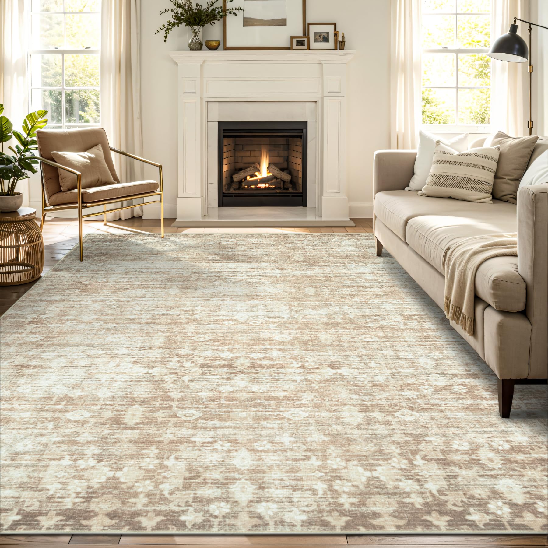 9x12 Area Rugs for Living Room Washable, Neutral Vintage Rug Large for Dining Room Bedroom Carpet Farmhouse Non Slip Low Pile Pet Friendly Area Rug 9 by 12 Indoor - Light Brown