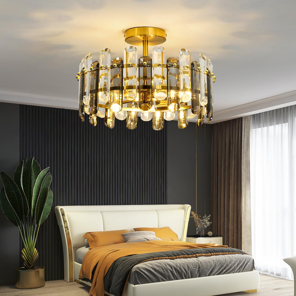 Light Crystal Ceiling Light Fixture Modern Gold Semi Flush Mount Ceiling Light Metal Close