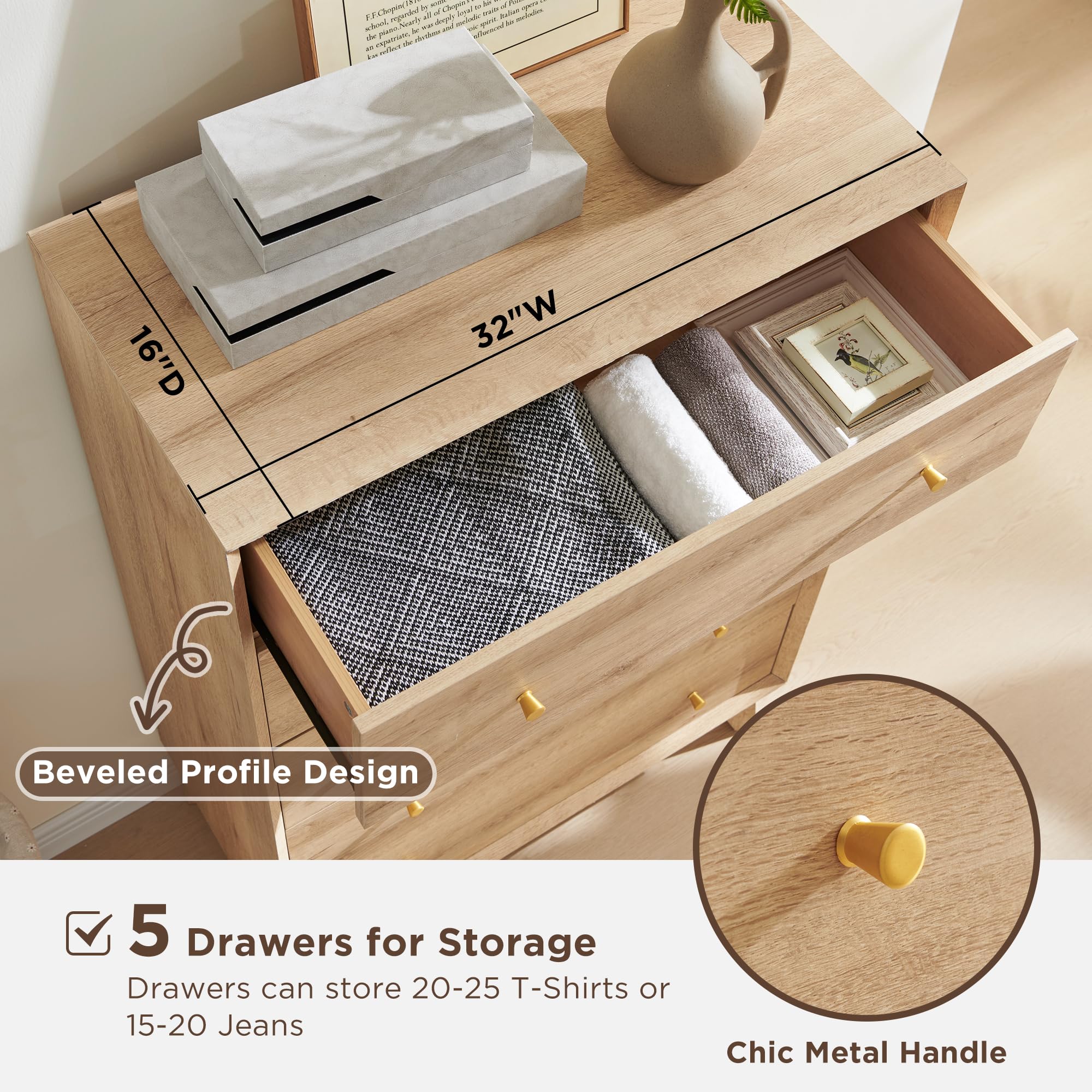 T4TREAM 5 Drawer Dresser for Bedroom, 48" Tall Mid-Century Modern Chest of Drawers, Beveled Profile Design, Wood Drawer Organizer for Bedroom, Living Room, Hallway and Entryway, Natural Oak