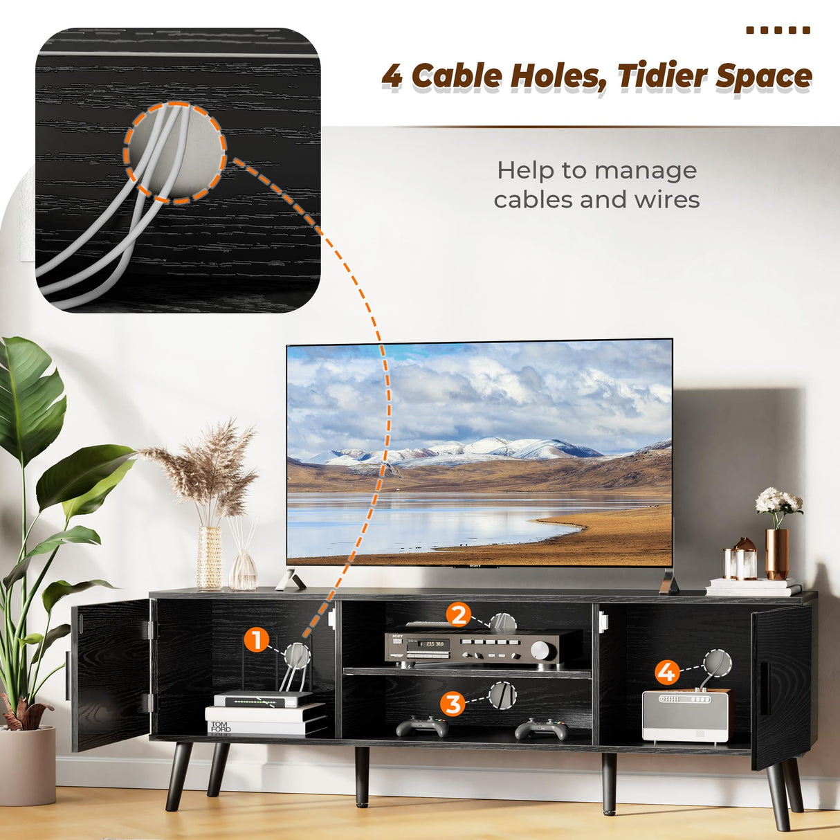 TV Stand for 55 Inch TV, Entertainment Center with Adjustable Shelf, 2 Cabinets