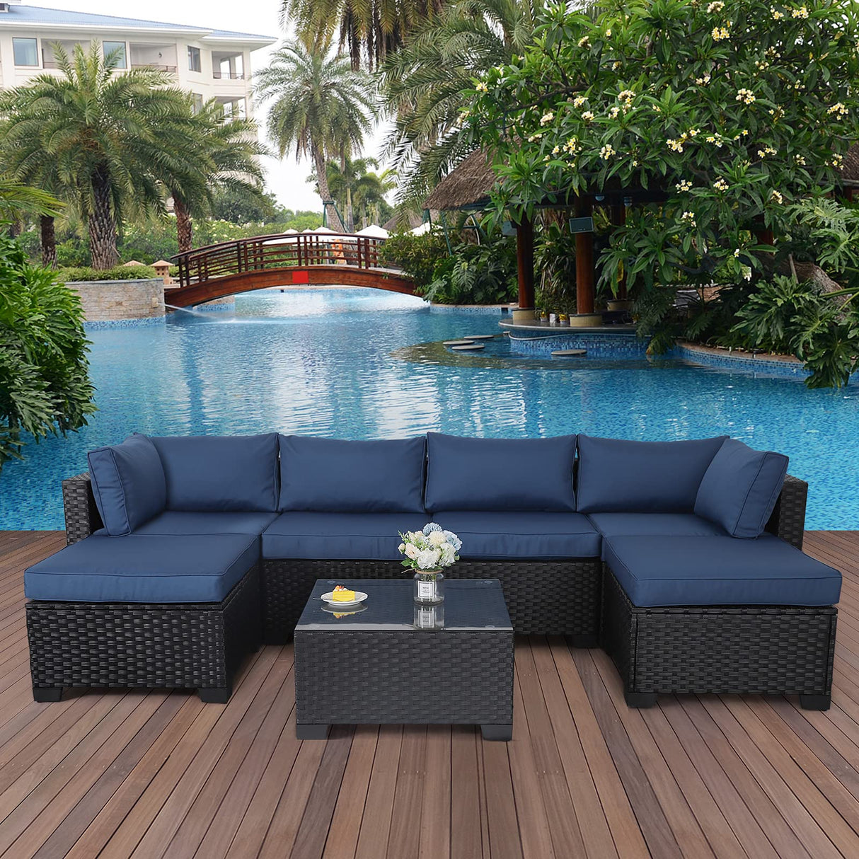 7 Pieces Outdoor PE Wicker Furniture Set Patio Rattan Sectional Conversation Sofa Set