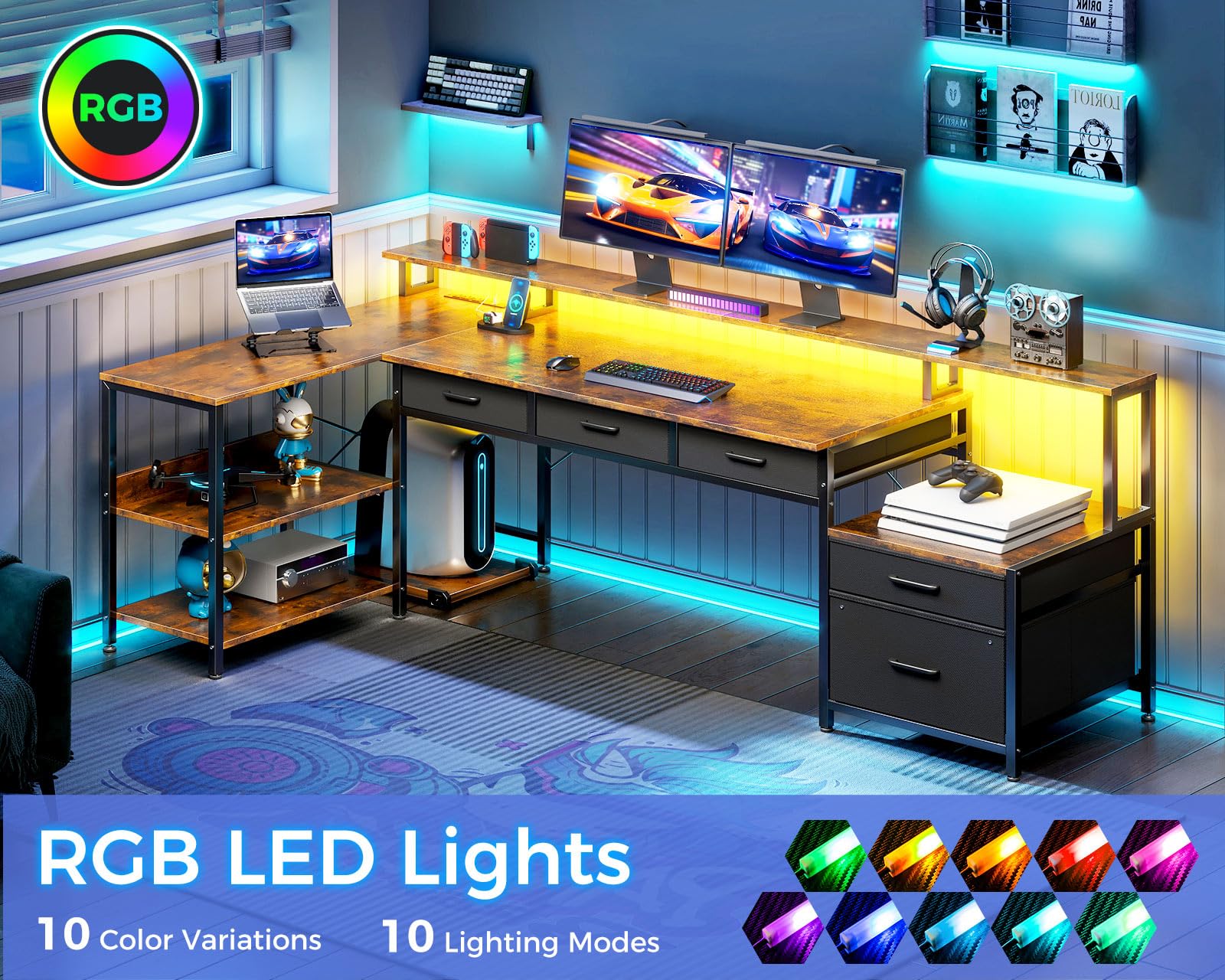 Shaped Desk with 5 File Drawers, 66" Reversible L Shaped Computer Desk with Power