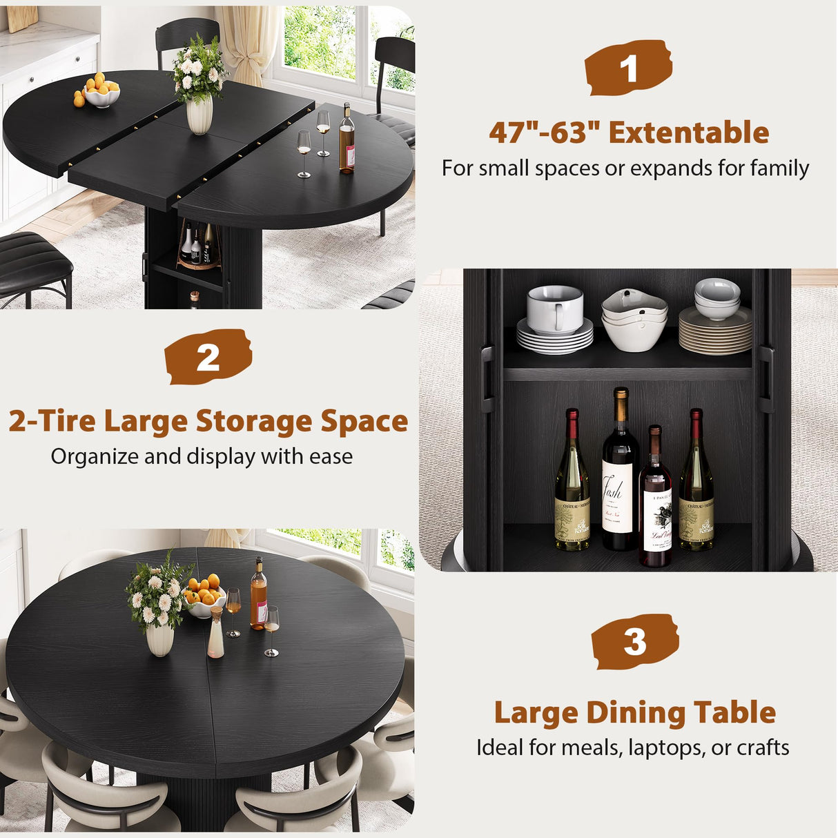 63" Extendable Round Dining Table for 4-6 with Storage Shelf