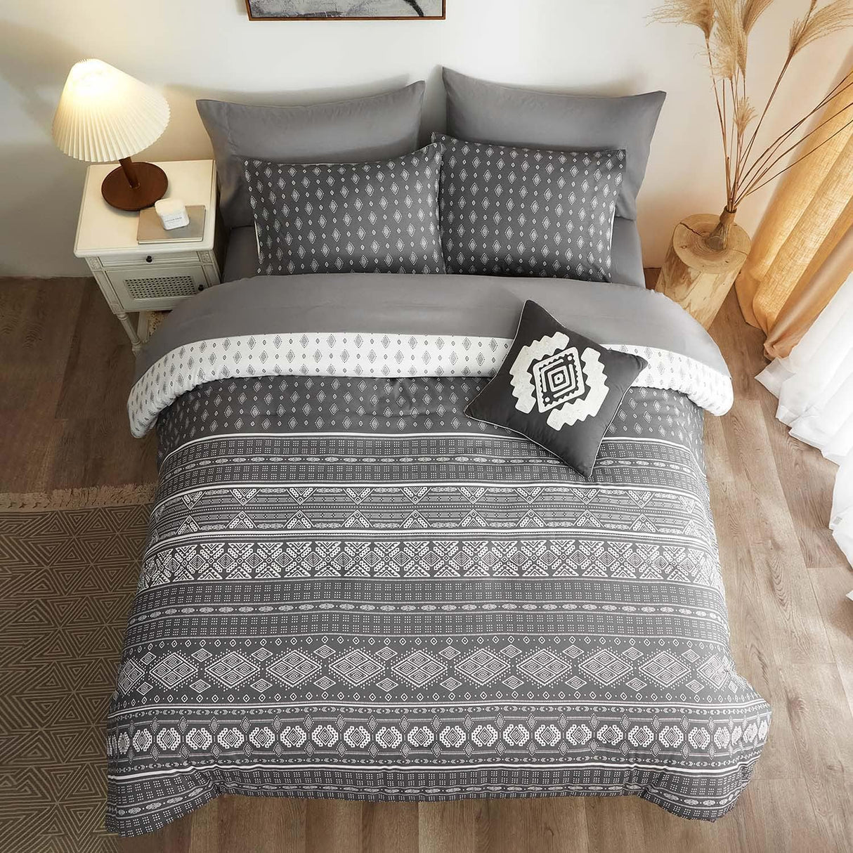 Queen Comforter Set, Boho Bed in a Bag 7PCS, Grey Reversible Aztec Pattern,
