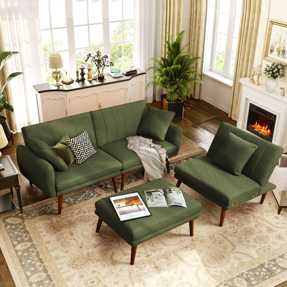 jamege Sectional Couch Sofa Bed, L-Shaped Linen Fabric Sofa Sleeper with Reclining Backrest and Removable Ottoman for Apartment Living Room