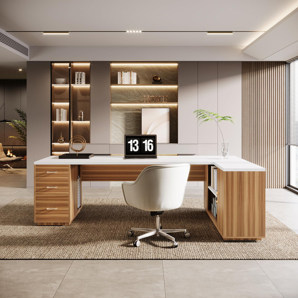 85.8" L-Shaped Executive Desk, Extra Large Office Desk with File Drawers