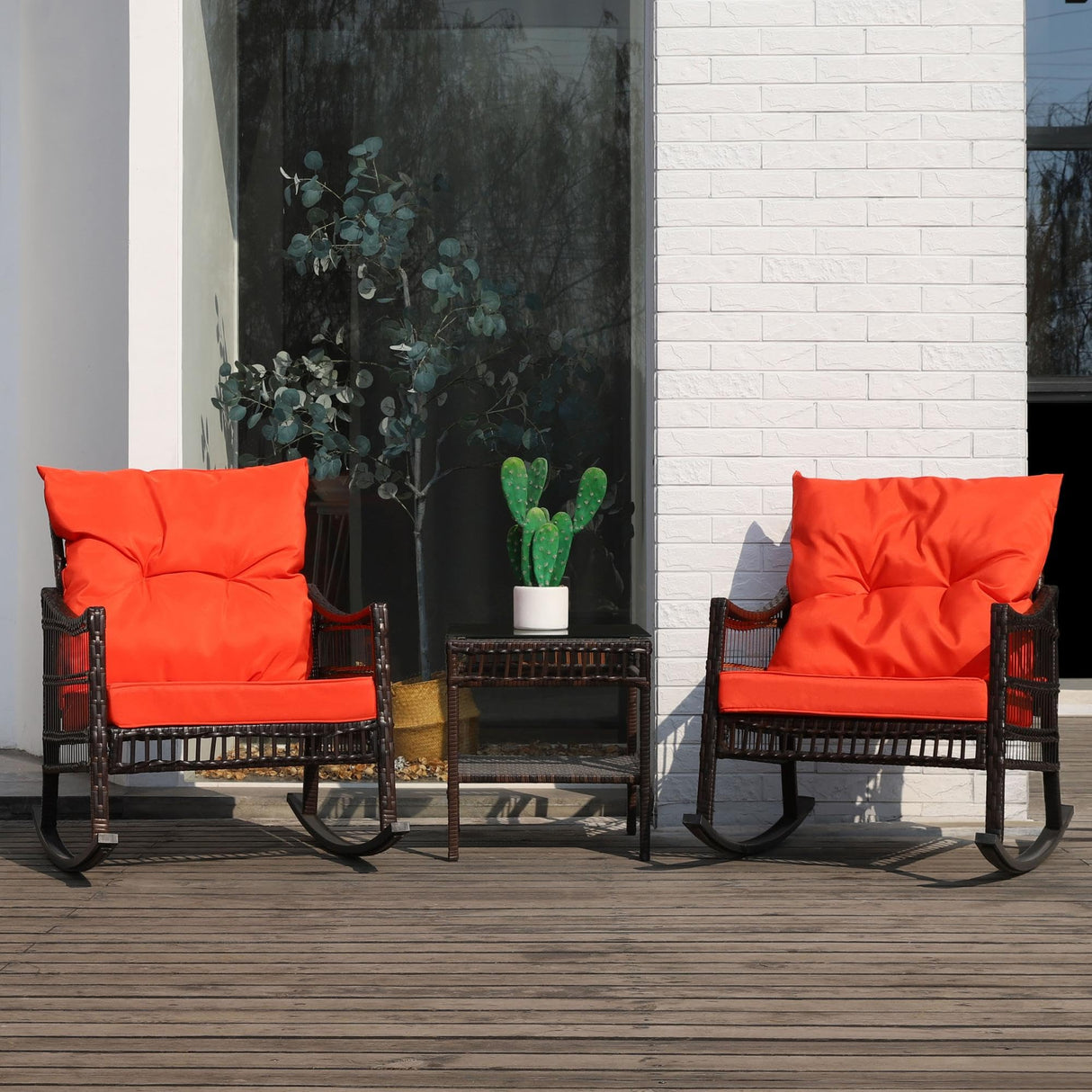 3-Piece Outdoor Rattan Rocking Bistro Set with Cushions & Glass Table