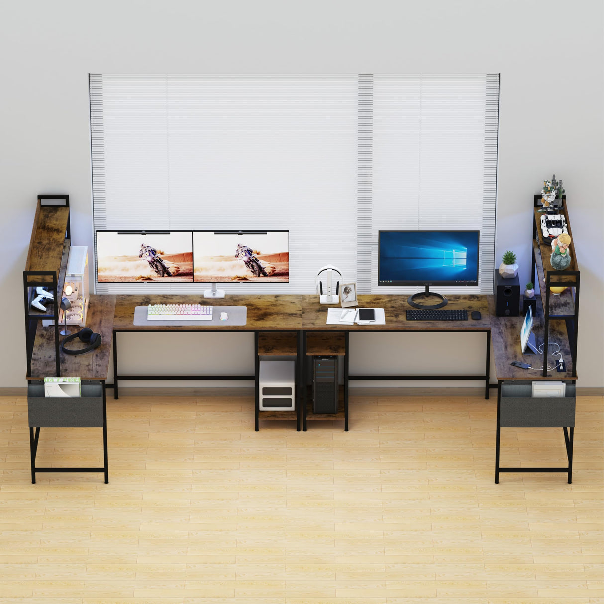 L Shaped Office Desk, Reversible Corner Computer Desk with Power Outlet and LED Light