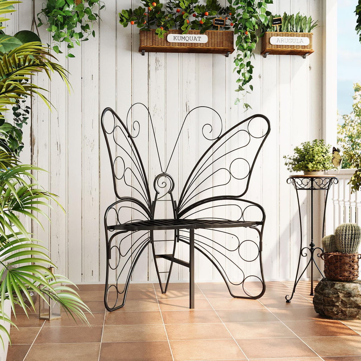 Butterfly Shaped Outdoor Bench, Black Garden Bench for Outdoor