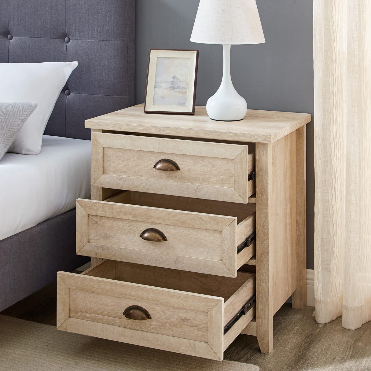 Hazel Modern Farmhouse 3 Drawer Framed Nightstand with Half-Moon Handles, 25 Inch, White Oak