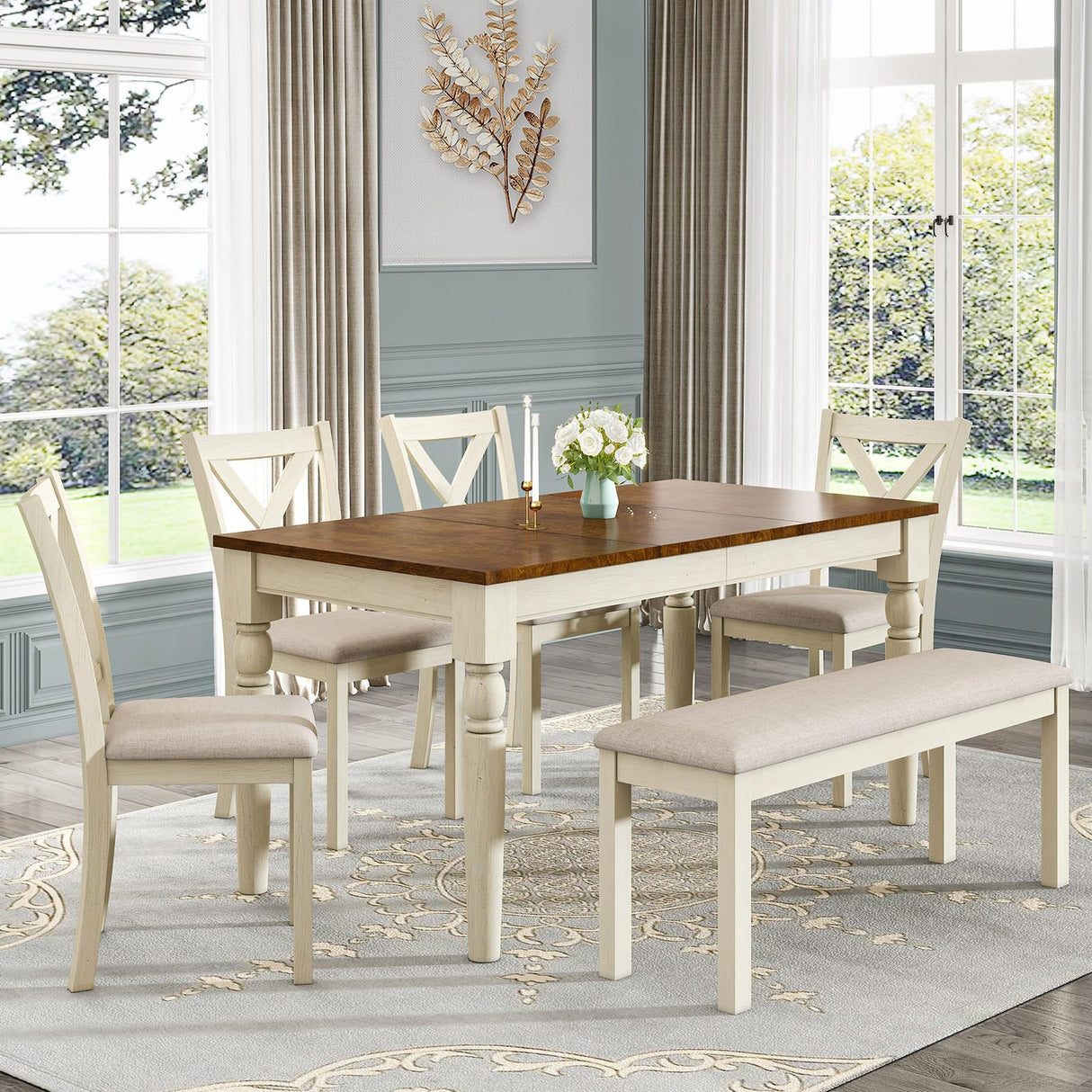 6-Piece Dining Table Set for 6 People, Solid Wood Table & Upholstered Chair Set w/Bench