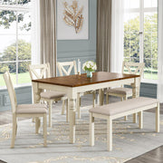 6-Piece Dining Table Set for 6 People, Solid Wood Table & Upholstered Chair Set w/Bench