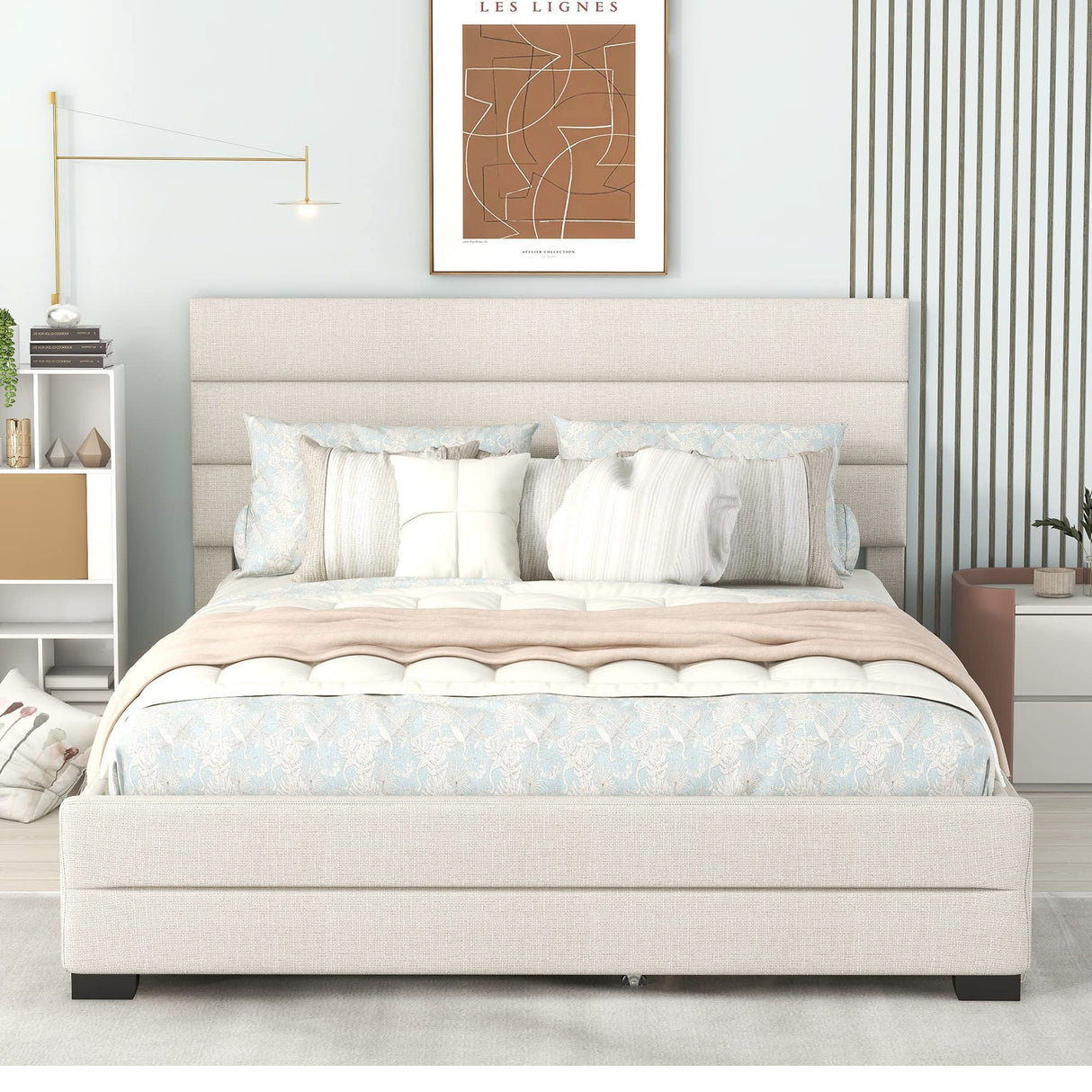 Upholstered Queen Size Platform Bed with 2 Storage Drawers and Twin Trundle Bed