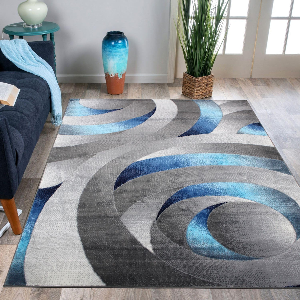 Blue Ocean Waves Area Rug 8x10 - Modern Abstract Swirl Design