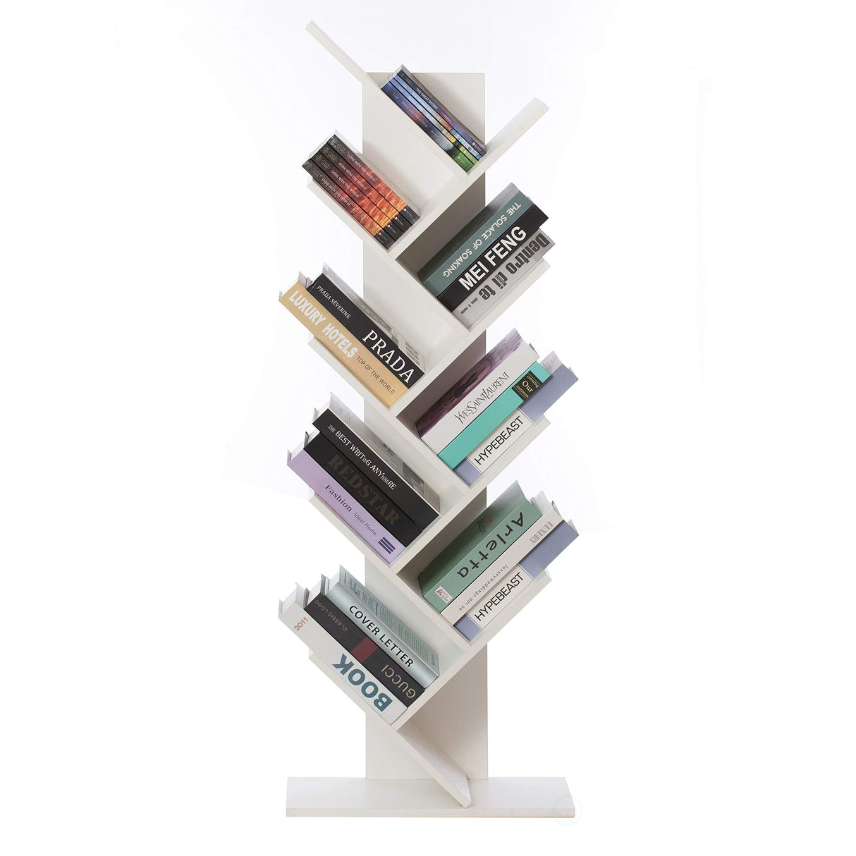 Wooden 9-Shelf Tree Magazine CD Storage Bookcase (White) (QI003457.WT)