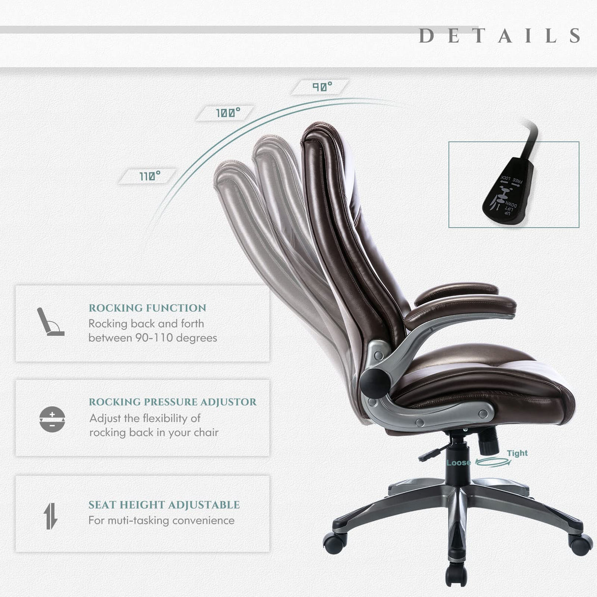 Leather Executive Office Chair - High Back Ergonomic Desk Chair with Flip-Up Arms