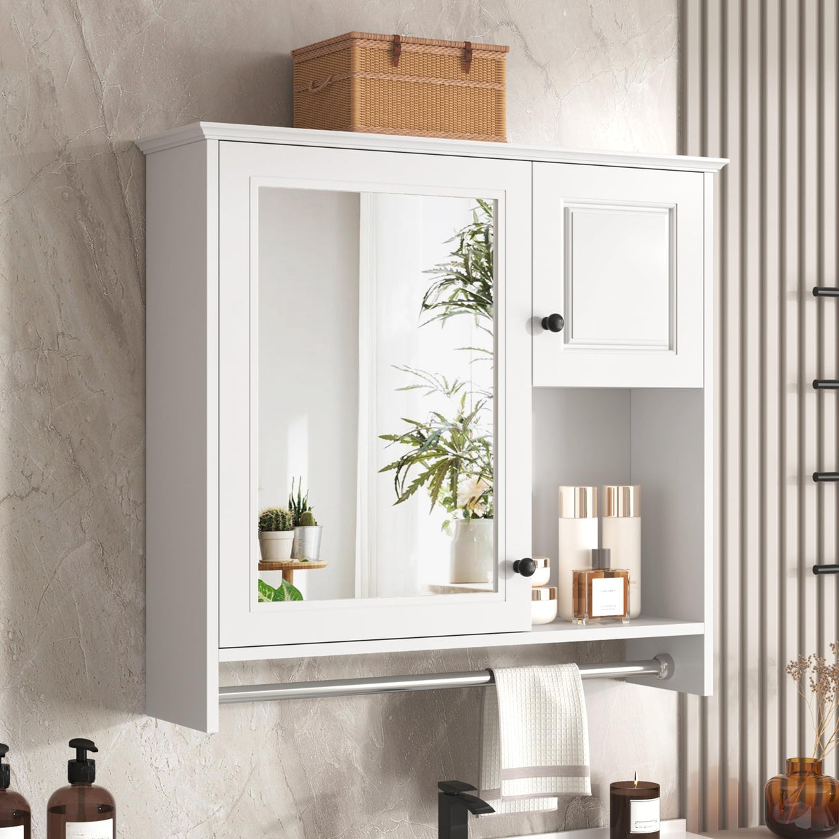 Wall Mount Bathroom Cabinet with Mirror, Open Shelf, and Towel Bar, 30" x 28"
