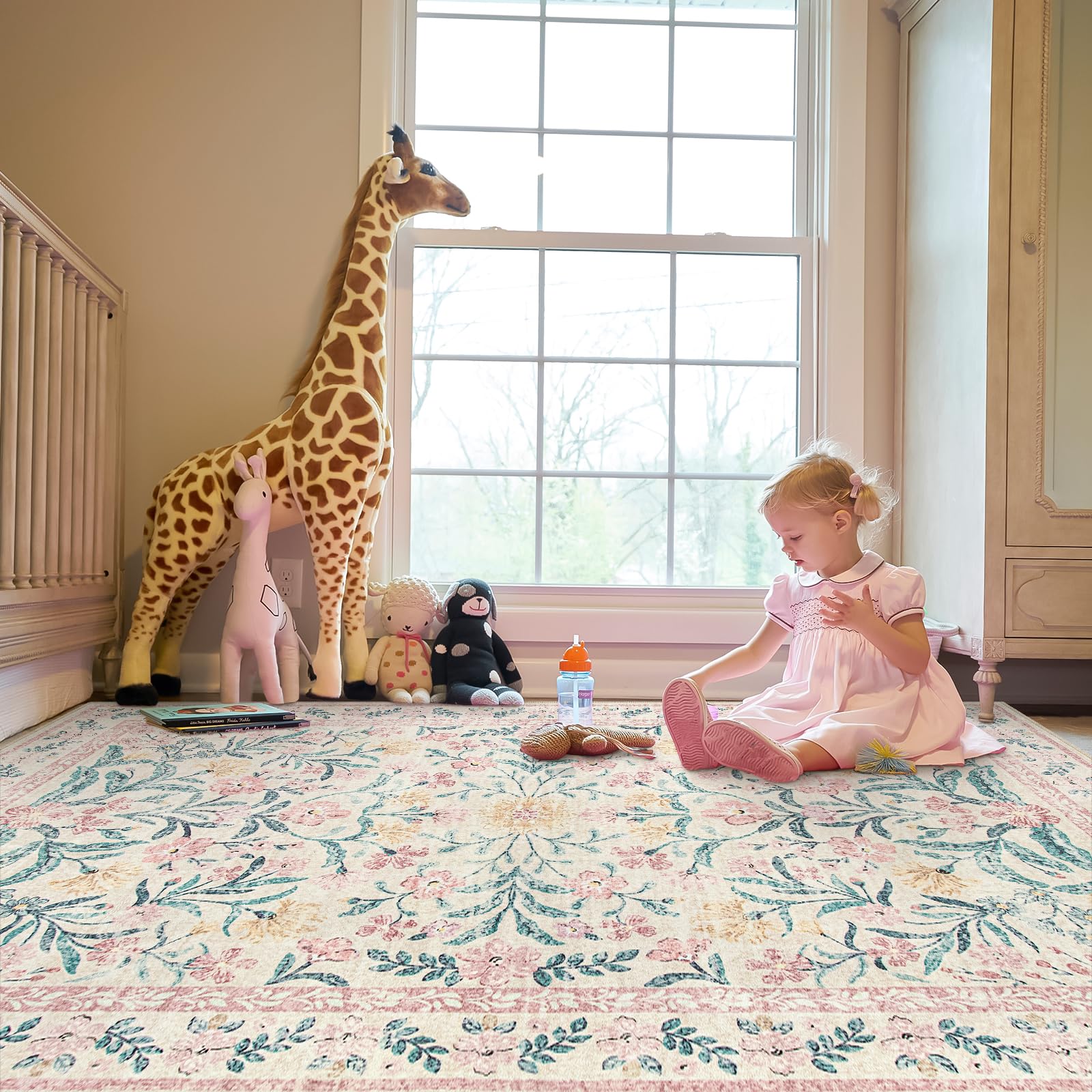 Large Rugs for Living Room,Boho Machine Washable Area Rugs 8x10,Ultra-Thin Floral Rug