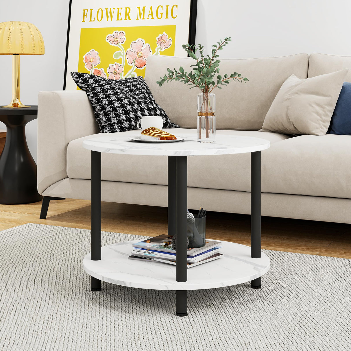 23.6" Round Coffee Table, 2-Tier Small Circle Coffee Table with Storage