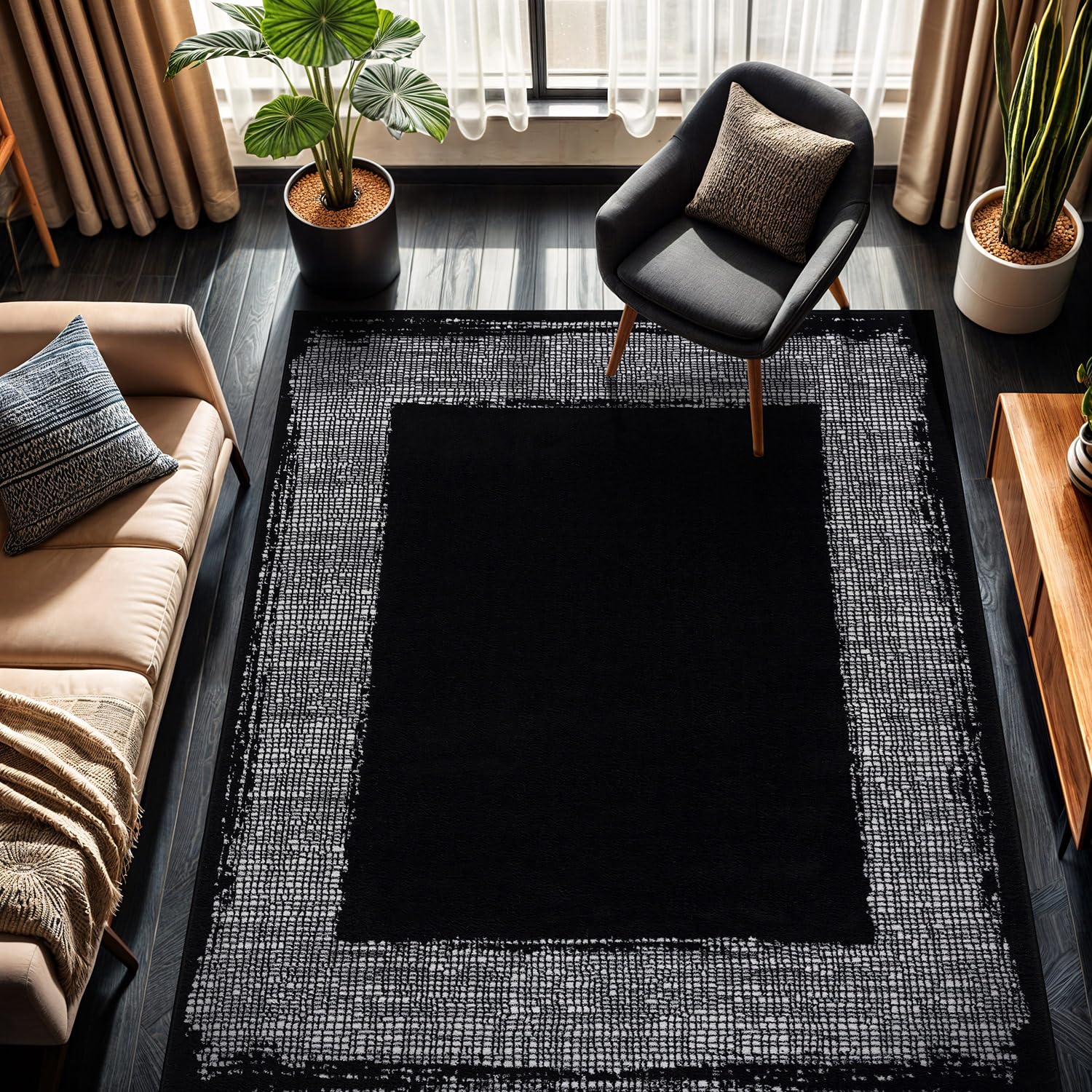 Black Area Rug 5x7 Easy-Cleaning Non-Shedding Bordered for Living Room Bedroom Dining Room Black/Cream Indoor