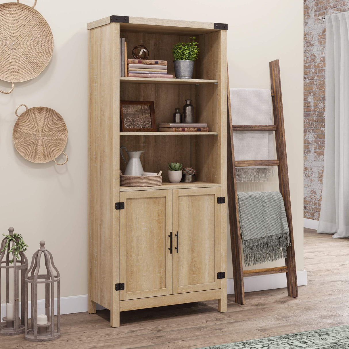 Bridge Acre Orchard Oak 5-Shelf Tall Bookcase with Doors/Book Shelf, Orchard Oak Finish