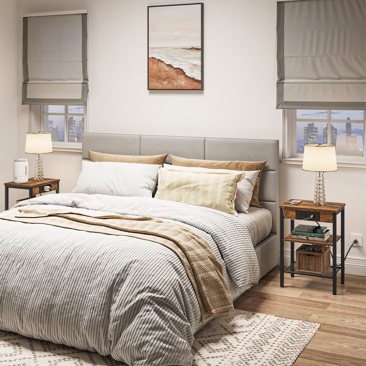 End Table with Charging Station and USB Ports, 3-Tier Nightstand with Adjustable Shelf,