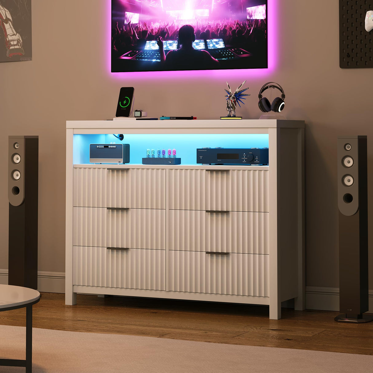 Fluted 6 Drawer Dresser with Power Outlet and LED Lights,Modern Chest of Drawers