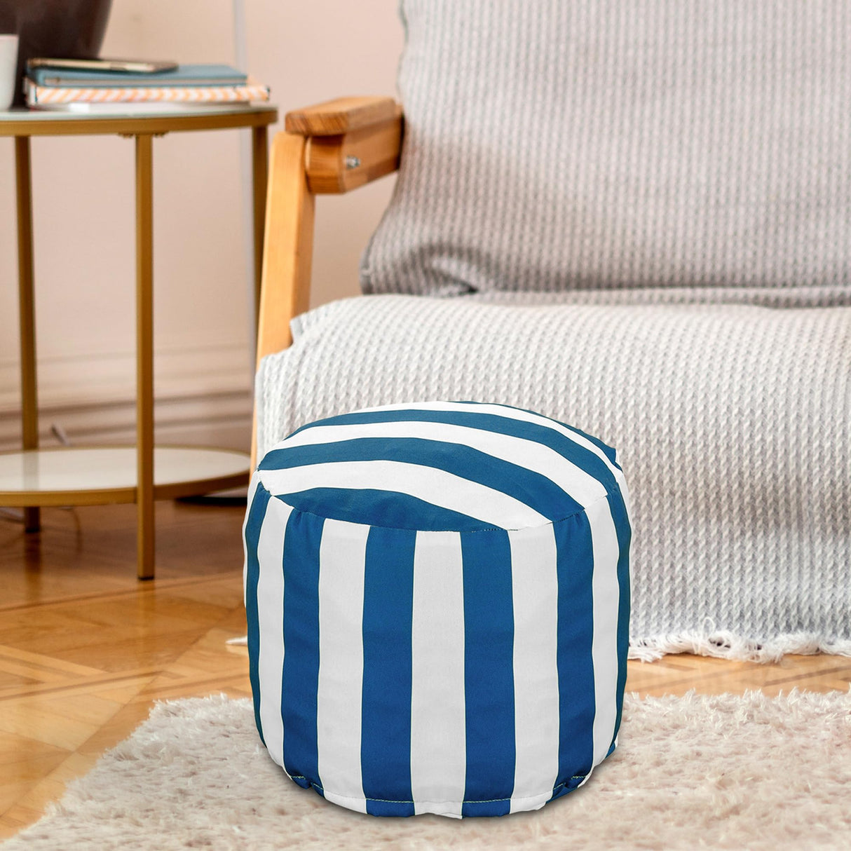 Waterproof Round Stuffed Pouf Ottoman, Indoor Outdoor Pouf Foot Stool Storage Ottoman