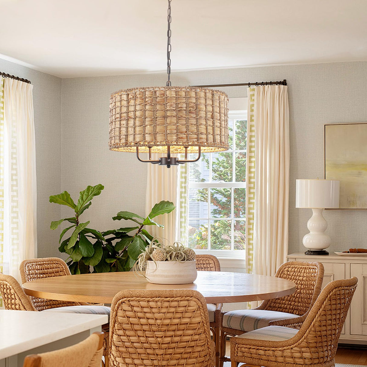 Rattan Chandelier for Dining Room,5 Lights Boho Drum Chandelier Light Fixture