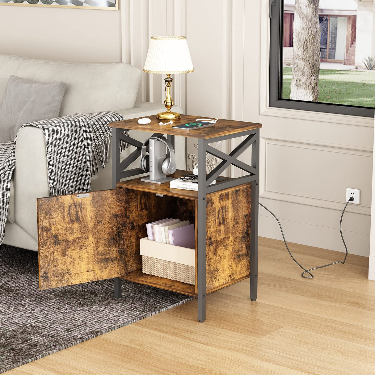 Side Table with Charging Station, End Table with Power Outlet & USB Ports, Nightstand