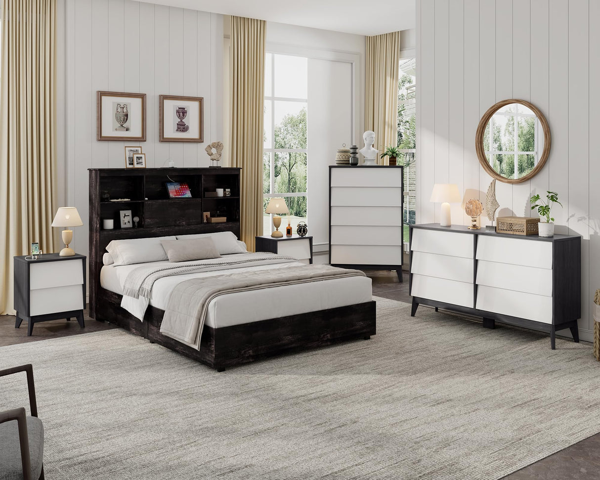 Nightstands Set of 2, Mid-Century End Side Table with Beveled Drawers & Charging Station