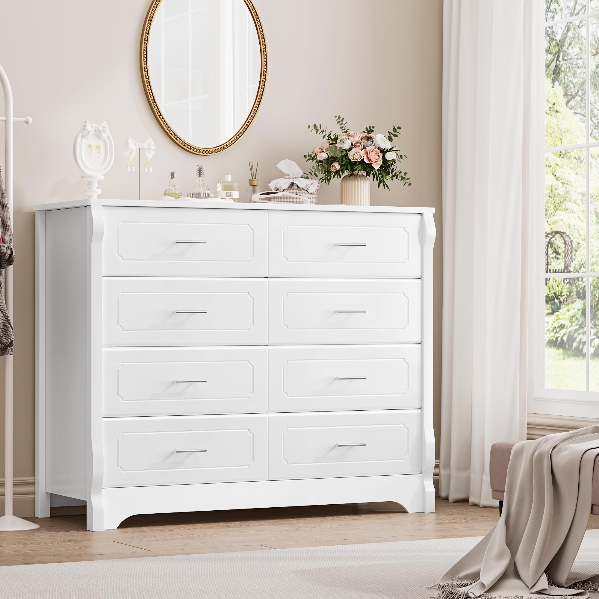 White 8 Drawer Dresser for Bedroom, 47" Wood Dresser & Chest of Drawers