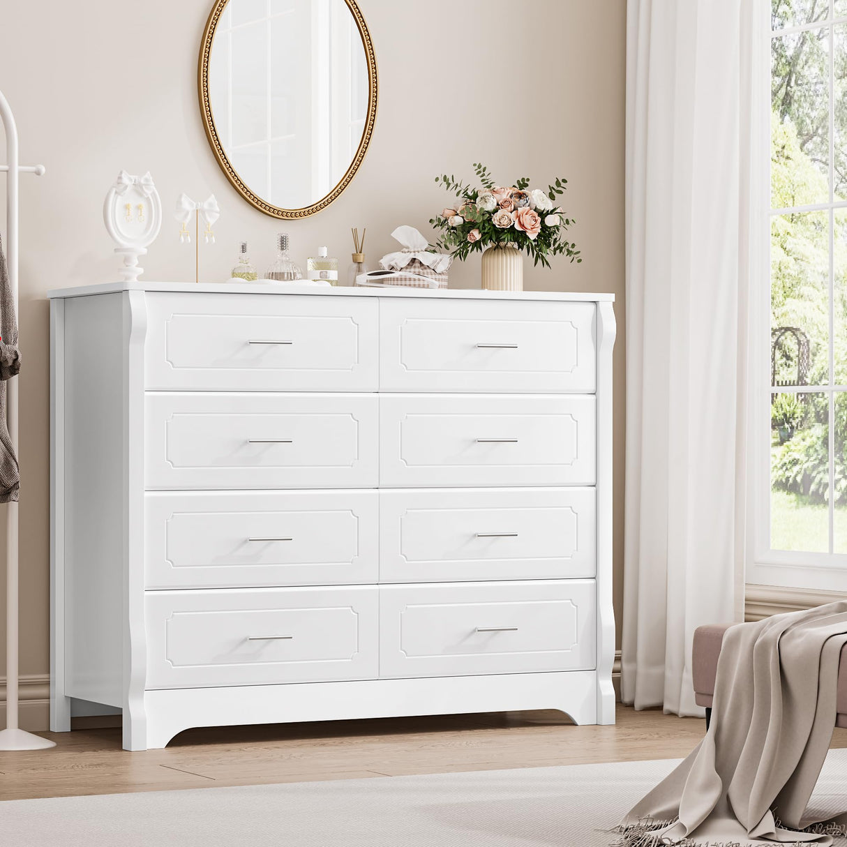 White 8 Drawer Dresser for Bedroom, 47" Wood Dresser & Chest of Drawers
